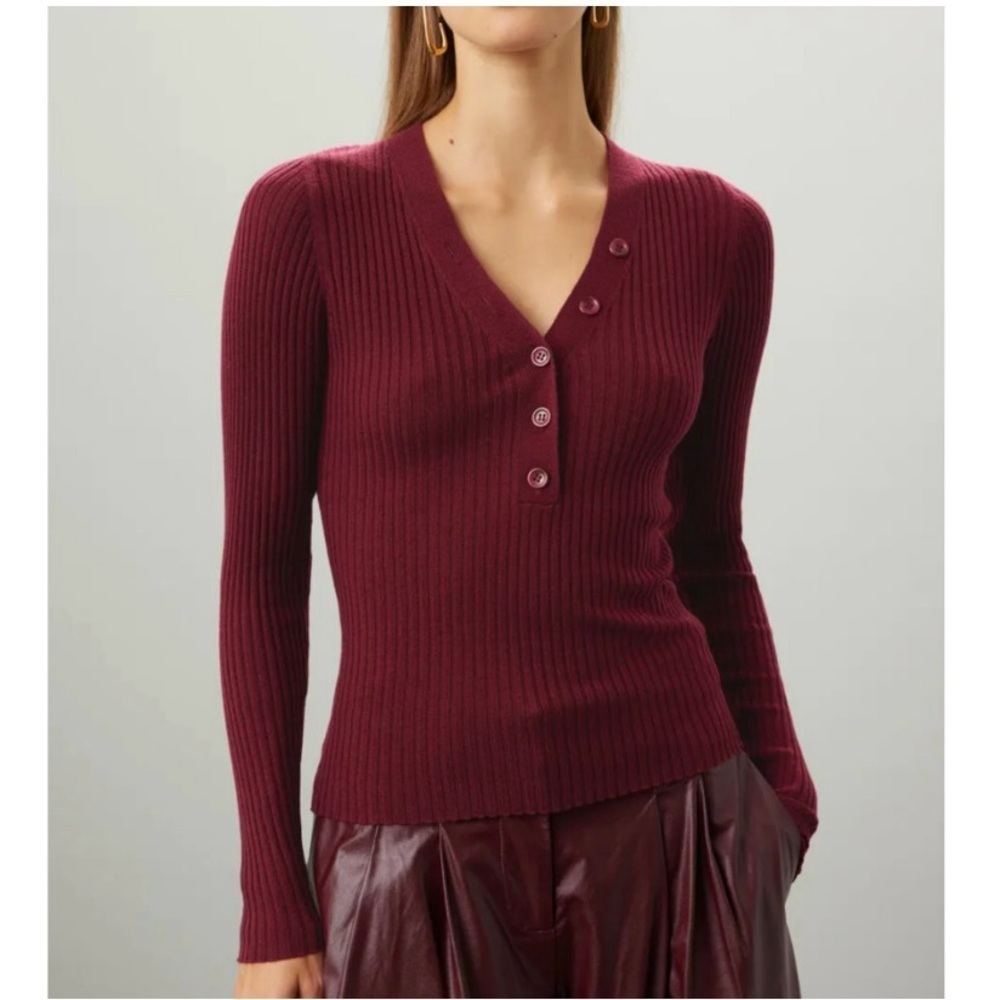 Derek Lam Henley Sweater Top in Maroon Burgundy Ribbed Knit Long Sleeve Medium